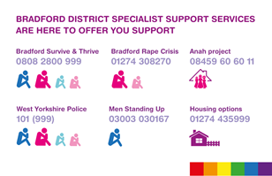 Bradford District specialist support services are here to offer you support. Bradford Survive & Thrive, 0808 2800 999. Bradford Rape Crisis, 01274 308270. Anah project, 08459 60 60 11. West Yorkshire Police, 101 or 999. Men Standing Up, 03003 030167. Housing Options, 01274 435999.